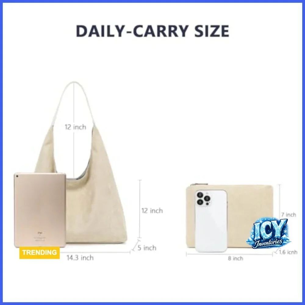 Faux Suede Hobo Bag, Large Capacity Tote with Cosmetic Bag